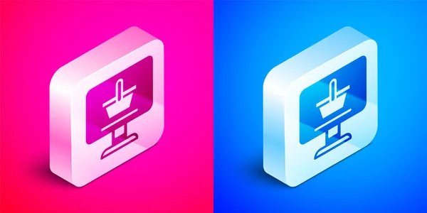 Isometric Shopping cart on screen computer icon isolated on pink and blue background. Concept e-commerce, e-business, online business marketing. Silver square button. Vector — Stock Vector