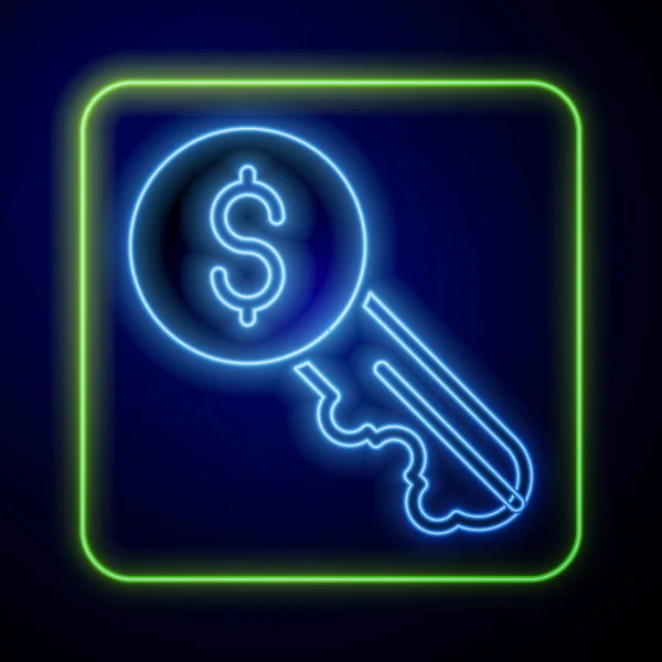 Zářící neon Pronájem klíčová ikona izolované na modrém pozadí. Koncept domu na klíč. Vektor — Stockový vektor