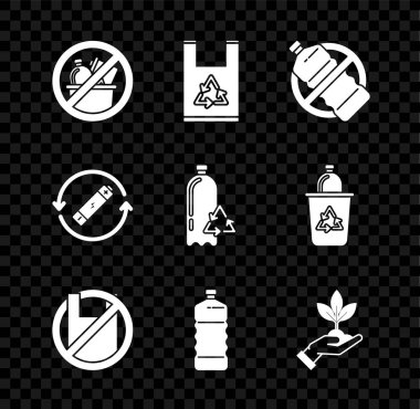 Çöp yok, geri dönüşümlü plastik torba, plastik şişe, torba posterine hayır de, çevresel koruma, pil sembolü hattı ve geri dönüşüm ikonuna hayır de. Vektör