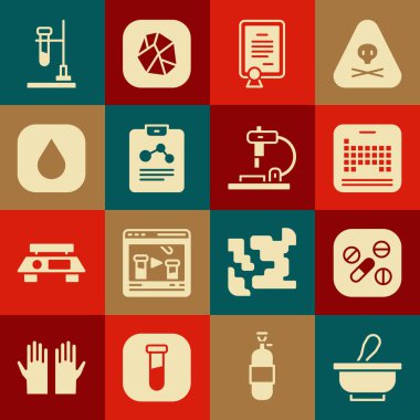 Havan topu, ilaç hapı tableti, periyodik, sertifika şablonu, kimya raporu, su damlası, deney tüpü ateşi ve mikroskop ikonu. Vektör