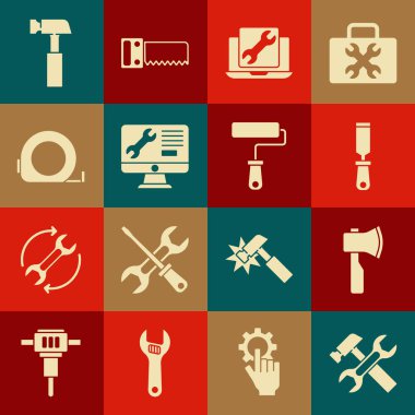 Hammer ve İngiliz anahtarını, tahta baltayı, Rasp metal dosyasını, laptop servisini, bilgisayar monitörünü, rulet yapımını ve boya fırçası ikonunu ayarla. Vektör