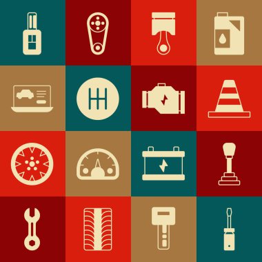 Tornavida, vites kolu, trafik konisi, motor pistonu, arabanın teşhis durumu, uzaktan kumandalı araba anahtarı ve motor simgesini kontrol et. Vektör