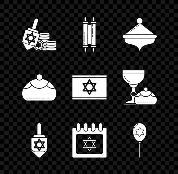 Установить Hanukkah dreidel и монеты, Тора свиток, еврейский календарь со звездой Давида, воздушные шары ленты, сладкая пекарня и флаг Израиля икона. Вектор — стоковый вектор