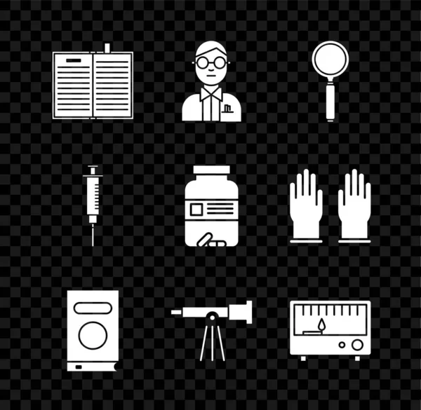 Set Open science book, Scientist, Magnifying glass, Book, Telescope, Electrical measuring instruments, Syringe and Medicine bottle and pills icon. Vector — Archivo Imágenes Vectoriales