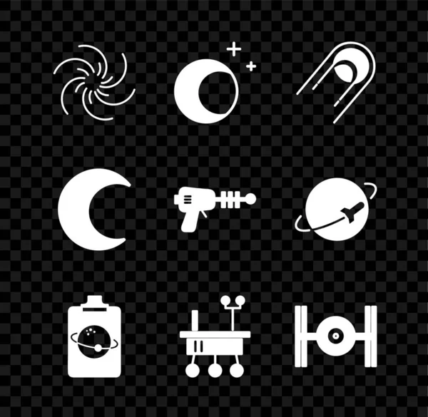 Set Black hole, Moon and stars, Satellite, Planet, Mars rover, Cosmic ship, and Ray gun icon. Vector — Stock Vector