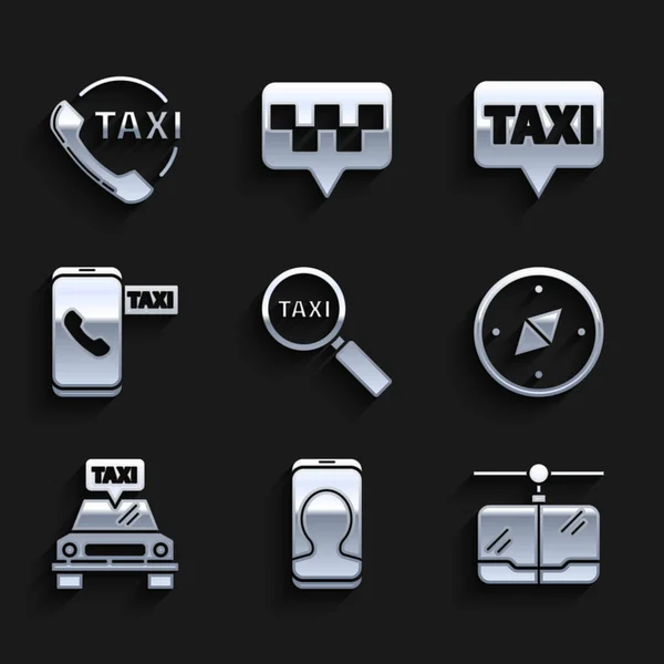 Set Lupe und Taxi-Auto, Taxi-Anruftelefon, Kabel, Kompass, Kartenzeiger mit und Symbol. Vektor — Stockvektor