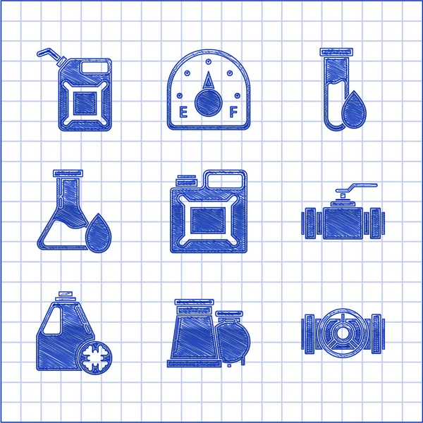 Set Canister for gasoline, Oil and industrial factory building, Industry metallic pipes valve, Antifreeze canister, petrol test tube, and icon. Vector — Stock Vector