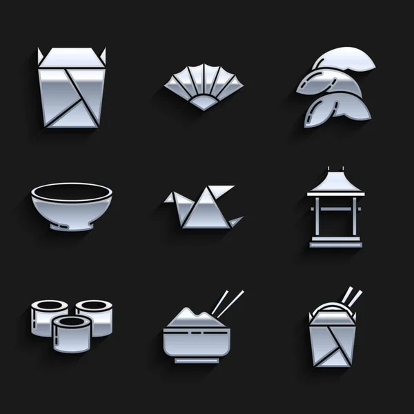 Set Origami bird, Rice in bowl with chopstick, Asian noodles paper box and chopsticks, Japan Gate, Sushi, Bowl of hot soup, Chinese fortune cookie and Rstaurant opened take out filled icon. Vector — 스톡 벡터