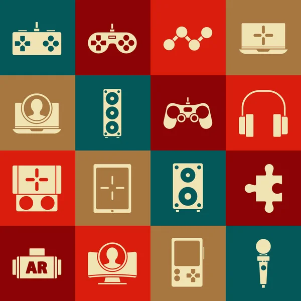 Set Joystick for arcade machine, Piece of puzzle, Headphones, Share, Stereo speaker, Create account screen, Gamepad and icon. Vector — Stock Vector