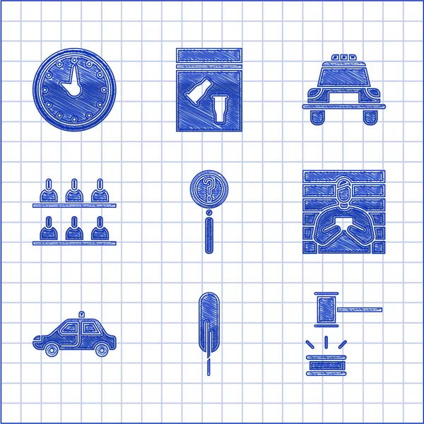 Set lupa con búsqueda, pluma de plumas, mazo de juez, sospechoso criminal, coche de policía y parpadeador, Jurados, y el icono del reloj. Vector — Vector de stock