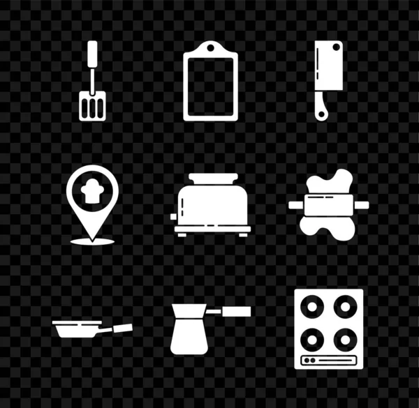 Set Spachtel, Schneidebrett, Fleischhacker, Pfanne, Kaffeetasse, Gasherd, Kochmütze mit Standort und Toaster-Symbol. Vektor — Stockvektor