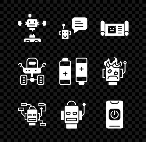 Ställ in demonterad robot, Bot, Robot ritning, Stäng av från telefonen, Mars rover och Batteri ikon. Vektor — Stock vektor