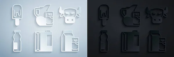 Kefir, inek kafası, şişede yoğurt, sürahi sürahi, bardak ve dondurma ikonu için kağıt paketi hazırla. Vektör — Stok Vektör