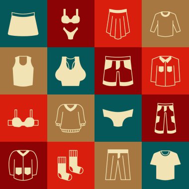 Tişört, pantolon, gömlek, etek, atlet ve kısa pantolon ikonu. Vektör