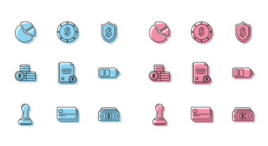 Satır damgası, kredi kartı, pasta grafiği, kağıt para yığını, finans belgesi, pil şarj göstergesi dolar sembollü sikke ve ikon. Vektör