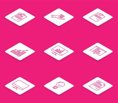 Özgeçmişi olan satır panosunu ayarla, Para, Belge, Pie grafiksel para, Bilgisayar monitörü, Masa, Ekran ve Ampul fikir simgesi konsepti. Vektör