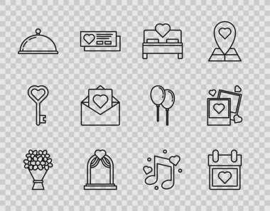 Sabit bir çiçek buketi, kalpli takvim, yatak odası, düğün kemeri, örtülü tepsi yemeği, Zarf Sevgililer Günü, müzik notu, nota kalpleri ve iki boş fotoğraf çerçevesi ve ikon. Vektör