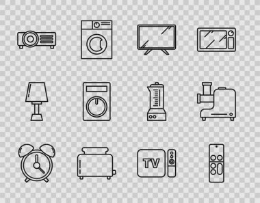 Alarm saatini, uzaktan kumandayı, Akıllı TV 'yi, tost makinesini, TV alıcısını, uzaktan kumandayı ve mutfak et öğütücüsü simgesini ayarla. Vektör