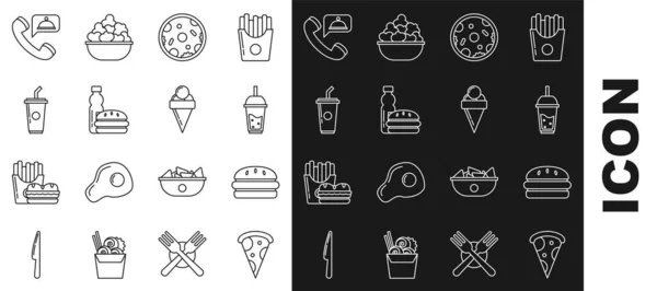 Set line Scheibe Pizza, Burger, Glas Limonade mit Trinkhalm, Pizza, Flaschenwasser und Burger, Papierglas, Lebensmittelbestellung und Eis Waffelkegel Symbol. Vektor — Stockvektor