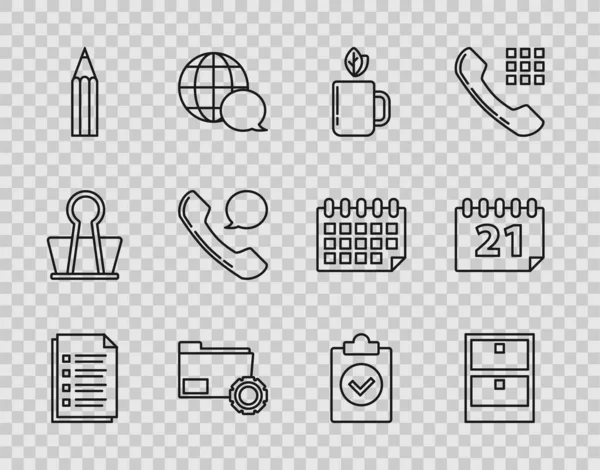 Set line Bestand document, Archief papers lade, Kopje thee en blad, Map instellingen met tandwielen, Potlood, Telefoon handset spraak bel chat, Voltooide taak en Agenda pictogram. Vector — Stockvector