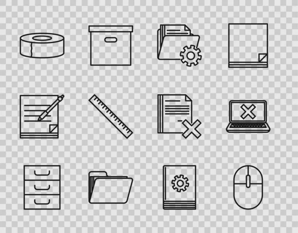 라인 워러에 문서, 컴퓨터 마우스 , Folder 설정 기어, 문서 폴더 , Scotch, Ruler, 사용자 매뉴얼, 랩탑 및 교차 마크를 스크린 아이콘으로 설정 한다. Vector — 스톡 벡터