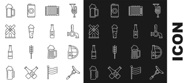 在叉子、啤酒瓶和木桶、水龙头、乐器手风琴、啤酒杯、风车和图标上设置线香肠。B.病媒 — 图库矢量图片