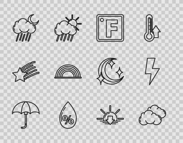Set line Klassisch eleganter geöffneter Regenschirm, Wolke, Fahrenheit, Wassertropfenanteil, mit Regen und Mond, Regenbogenwolken, Sonnenuntergang und Blitz-Symbol. Vektor — Stockvektor