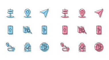 Hat güzergahı konumu, işaretli katlanmış harita, trafik işareti, dünyanın konumu, şehir navigasyon bilgileri ve harita işaretleyici ev simgesi. Vektör