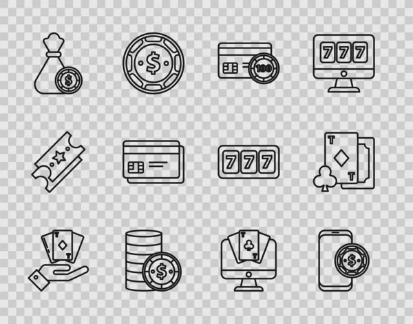 Набор линий Рука держит колоду игральных карт, онлайн покер игра, кредит, фишка казино с долларом, деньги мешок фишки казино, и играть в бриллианты значок. Вектор — стоковый вектор