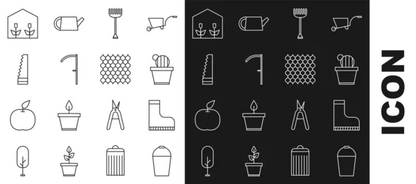 Set line Emmer, Waterdichte rubberen laars, Cactus en sappig in pot, Tuinhark, Scythe, zagen, Home serre planten en hek houten pictogram. Vector — Stockvector