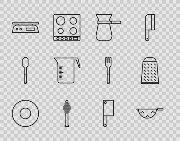 Set Teller, Küchensieb, Kaffeetasse, Honiglöffel, elektronische Waage, Messbecher, Fleischhacker und Reibe Symbol. Vektor — Stockvektor