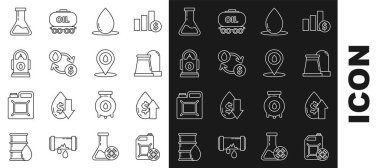 Antifriz kutusu ve gaz endüstriyel fabrika binası, damla, takas, su transferi, dönüştürme, Petrol Benzin İstasyonu, Test tüpü şişesi ve yakıt ikonu doldur. Vektör