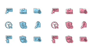 Satın alma düğmesini, dolarlı kalkanı, indirimli kart yüzdesini, Shoping çantasını ve 24 saatlik saati ve dizüstü bilgisayar imleç simgesini ayarla. Vektör