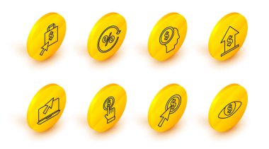 Satır Gözü dolar, İmleç ve madeni para, el ele tutuşmak, dizüstü bilgisayar imleci, finansal büyüme, iş adamı zihin planlama, yüzde indirim etiketi ve Shope çanta ikonu. Vektör