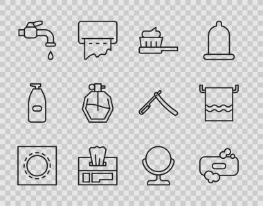 Hat prezervatifi paket güvenli seks, sabun, diş fırçası diş macunu, ıslak mendil, su musluğu, parfüm, yuvarlak makyaj aynası ve havlu askı ikonu olarak ayarla. Vektör
