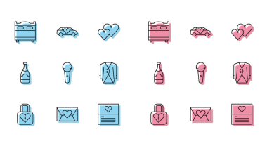 Hat kilidi ve kalbi ayarlayın, Sevgililer Günü, Yatak odası, tebrik kartı, mikrofon, takım elbise, şampanya şişesi ve limuzin ikonu. Vektör