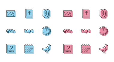 Resim çerçeveleri ve kalpler, takvim, sevgililer günü zarfları, güvercin, papyon, saat, limuzin arabası ve kutsal kitap ikonu. Vektör