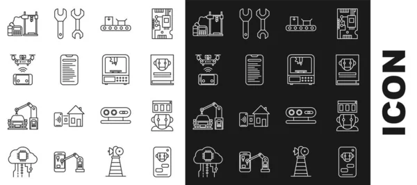 Set Line Bot, Roboter, Bedienungsanleitung, Förderband mit Karton, Computer-API-Schnittstelle, Drohne aus der Ferne, 3D-Drucker und Icon. Vektor — Stockvektor