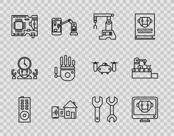 Set line Fjärrkontroll, Bot, Monteringslinje, Smart home, Kretskort Kretskort, Mekanisk robothand, Spanner och Fabrikens transportbandsikon. Vektor — Stock vektor