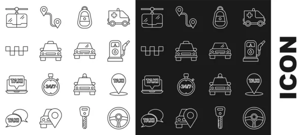Hat direksiyonu, taksi, benzin ya da benzin istasyonlu harita işaretçisi, araba anahtarı kumandası, taksi arabası, çatı, kablo ve ikon. Vektör — Stok Vektör