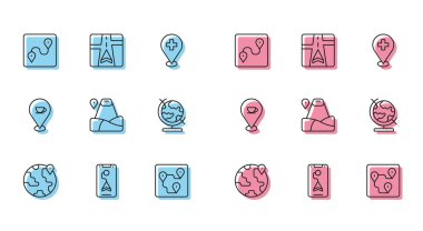 Yerküre üzerinde çizgi konumu, şehir haritası navigasyonu, rota konumu, dağ, dünya, kahve fincanı ve GPS aygıtı ikonu. Vektör