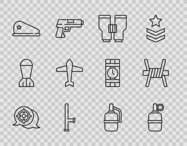 Hat hattı, hedef sporu, el bombası, dürbün, polis kauçuk copu, askeri bere, savaş uçağı ve dikenli tel ikonu. Vektör