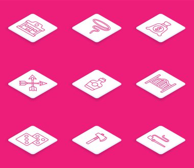 Vahşi Batı Salonu, Kement, Para çantası, çapraz oklar, tekila şişesi, salon kapısı, oyun zarları ve Tomahawk balta ikonu. Vektör