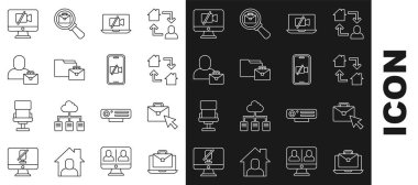 Çevrimiçi ağ çalışıyor, video kamera kapalı dizüstü bilgisayar, freelancer, bilgisayar ve mobil simge. Vektör