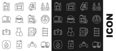 Petrol deposu, varil yağı, benzin göstergesi araç, konum ve istasyon, depolama, teneke motor ve ikon için benzin deposu ayarlayın. Vektör