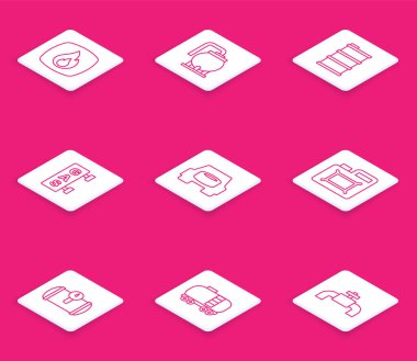 Hattı ateşe verin, yağ deposu, varil yağı, benzin dolum istasyonu, yedek tekerlek, motor, araç ve demiryolu sarnıç ikonu için teneke kutu. Vektör