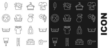 Halat yıkama tozu, ısı temizleme, elektrikli ütü, havlu askısı, gömlekli leğen, çamaşır makinesi, tüy ve su spreyi ikonu. Vektör