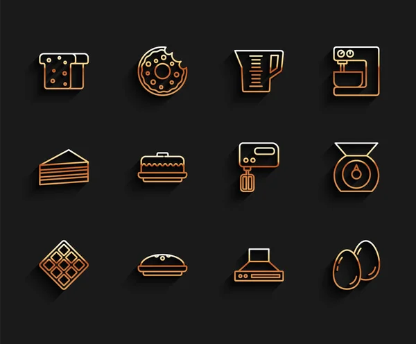 Set line Waffle, Homemade pie, Bread toast, Kitchen extractor fan, Easter eggs, Cake, Scales and Electric mixer icon. Vector — Stock Vector