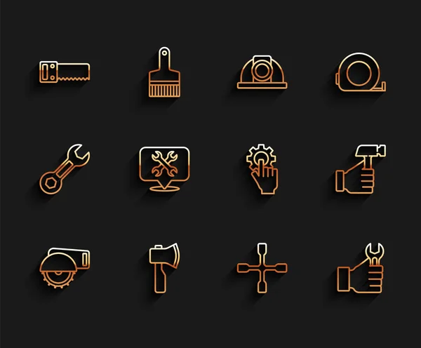 라인 일렉트릭 원형 톱 , Wooden axt, Hand, Wheel wrench, Wrench spanner, Location with, Hammer and Settings in the hand icon. Vector — 스톡 벡터