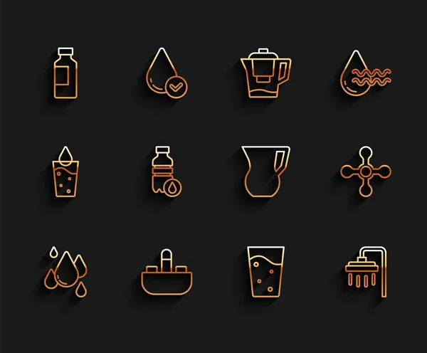 Set line Waterdruppel, wastafel met waterkraan, fles, glas, douche, en kan glas pictogram. Vector — Stockvector